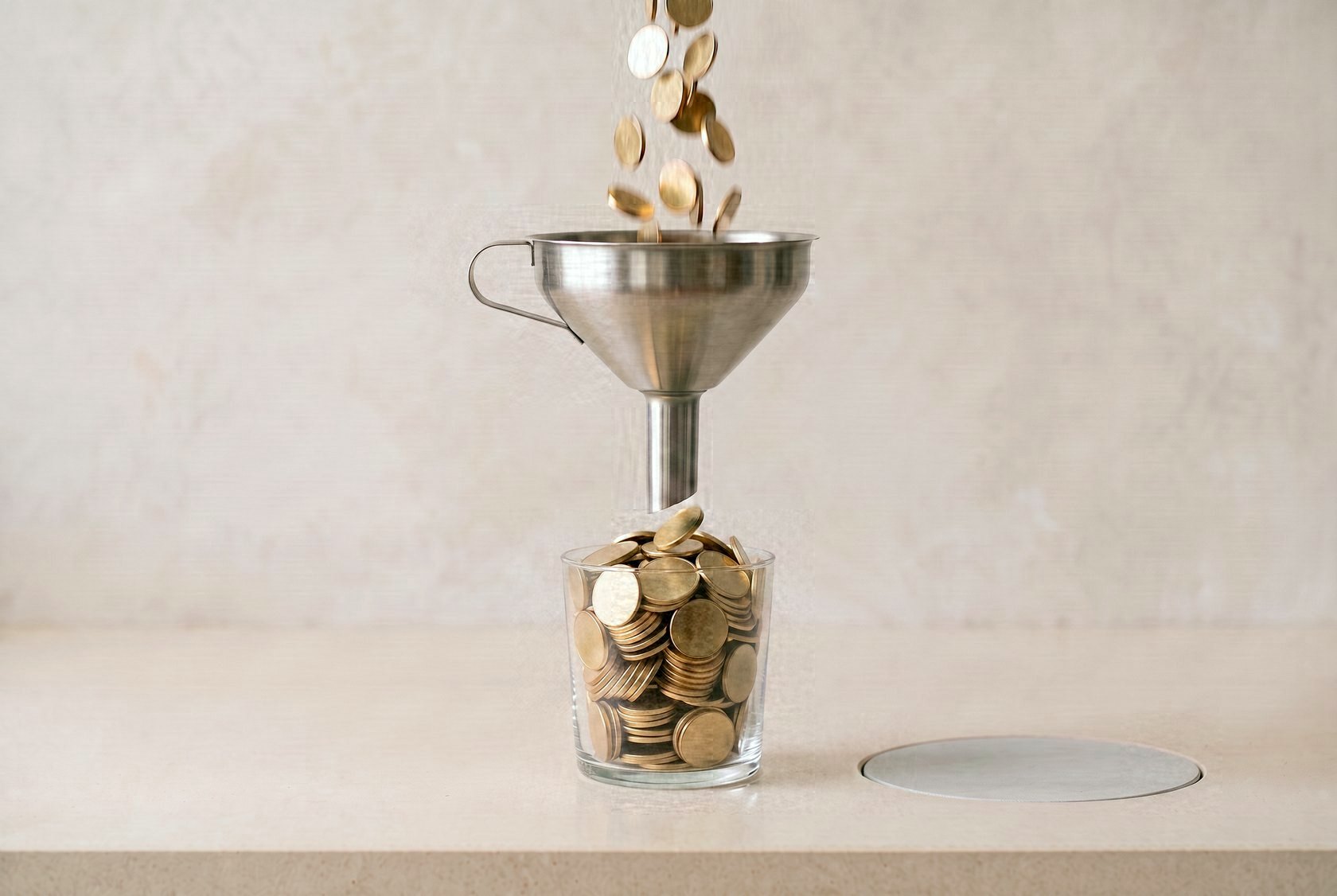 The same funnel, whole, running one clean column of brass coins into the glass, which is full to the brim. The hole in the counter is sealed.