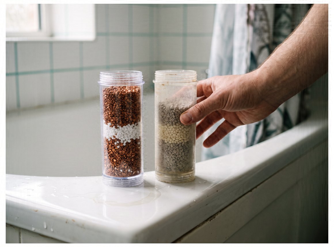 Two clear filter cartridges standing on a bathtub edge, one fresh with bright copper and white granules, one faded to grey and dull, a hand setting the old one down.