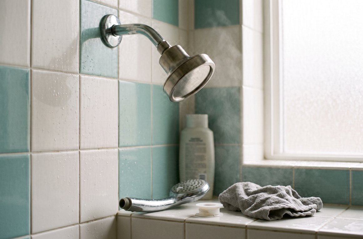 A brushed steel filtered shower head on a chrome wall arm over green and white tiles, the old plain chrome head and a roll of white thread tape on the ledge below.