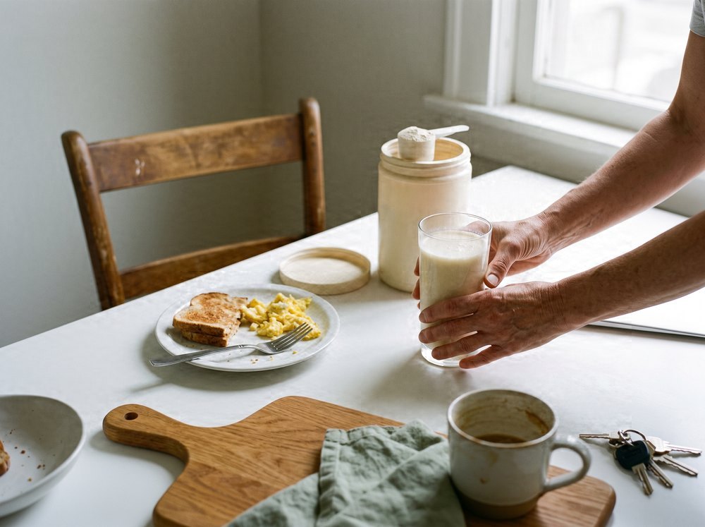 A kitchen table in the morning: a half-eaten plate of toast and scrambled eggs pushed to one side, a hand setting down a full glass of shake beside it, the open tub with its scoop resting in the top, a mug and keys on the table.