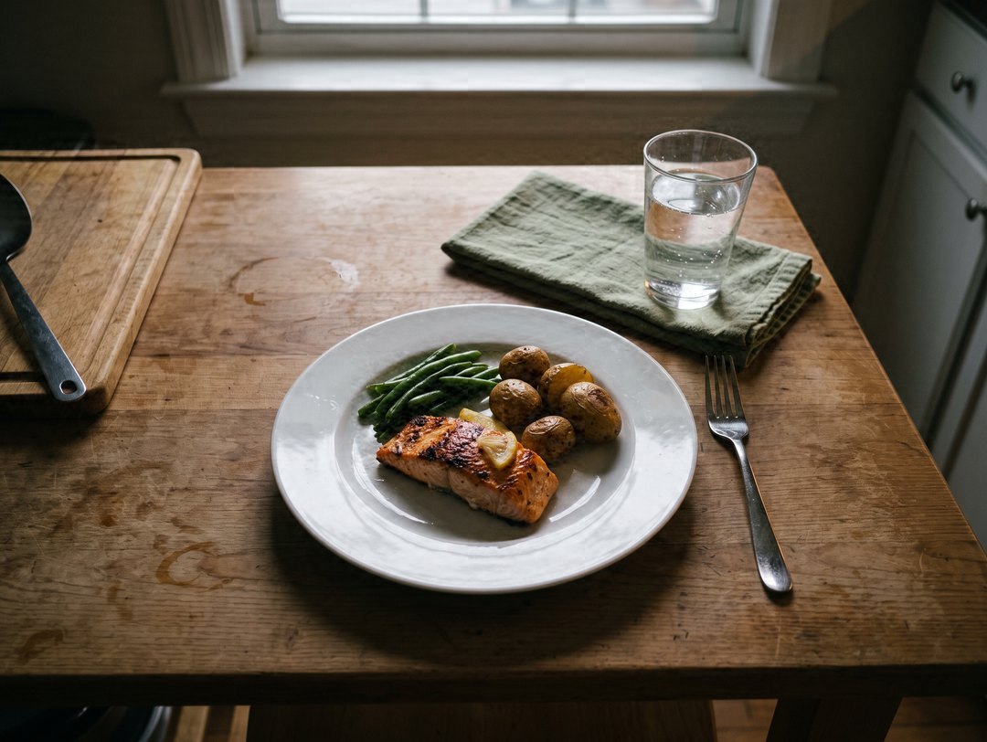A dinner plate on a wooden kitchen table with a small piece of salmon, a few green beans and potatoes in the centre, the rest of the plate bare, a fork and a glass of water beside it.