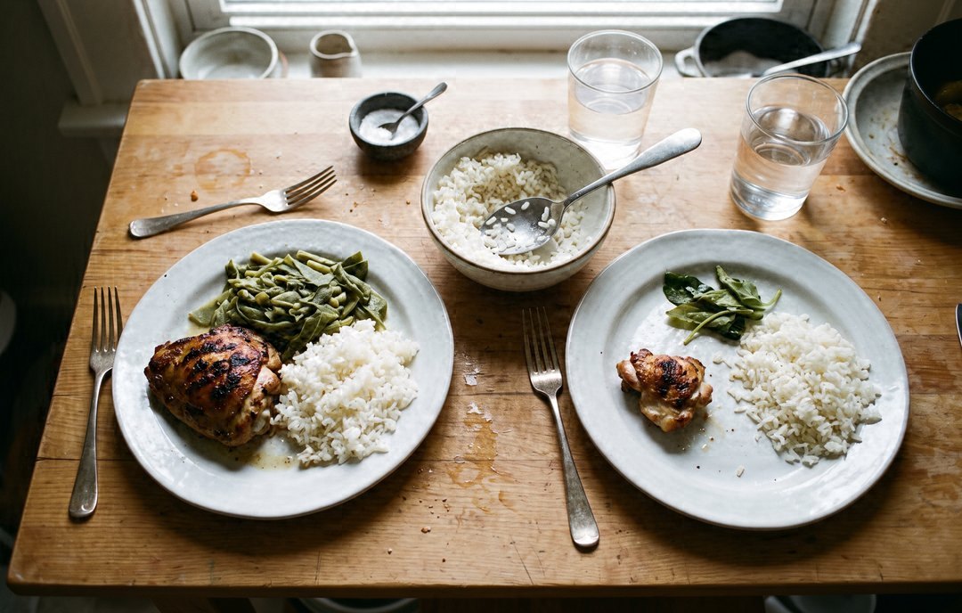 Two plates of chicken and rice side by side from above: a full plate on the left, and on the right nearly the same rice but only one small piece of chicken.