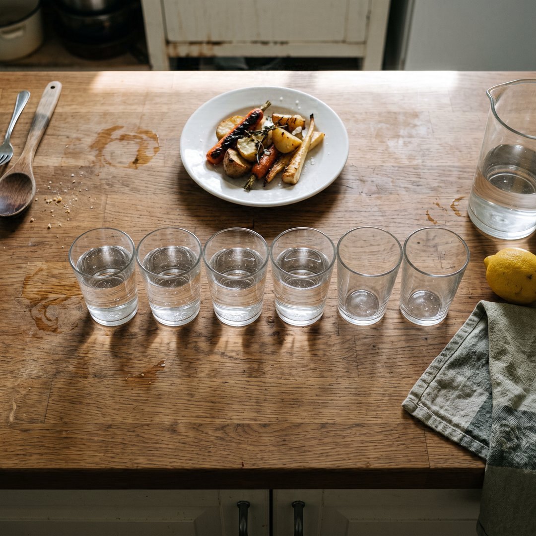 From above: a small plate of roasted vegetables at the top of a wooden counter and a row of six glasses below it, four full of water and the last two empty, a jug at the edge.