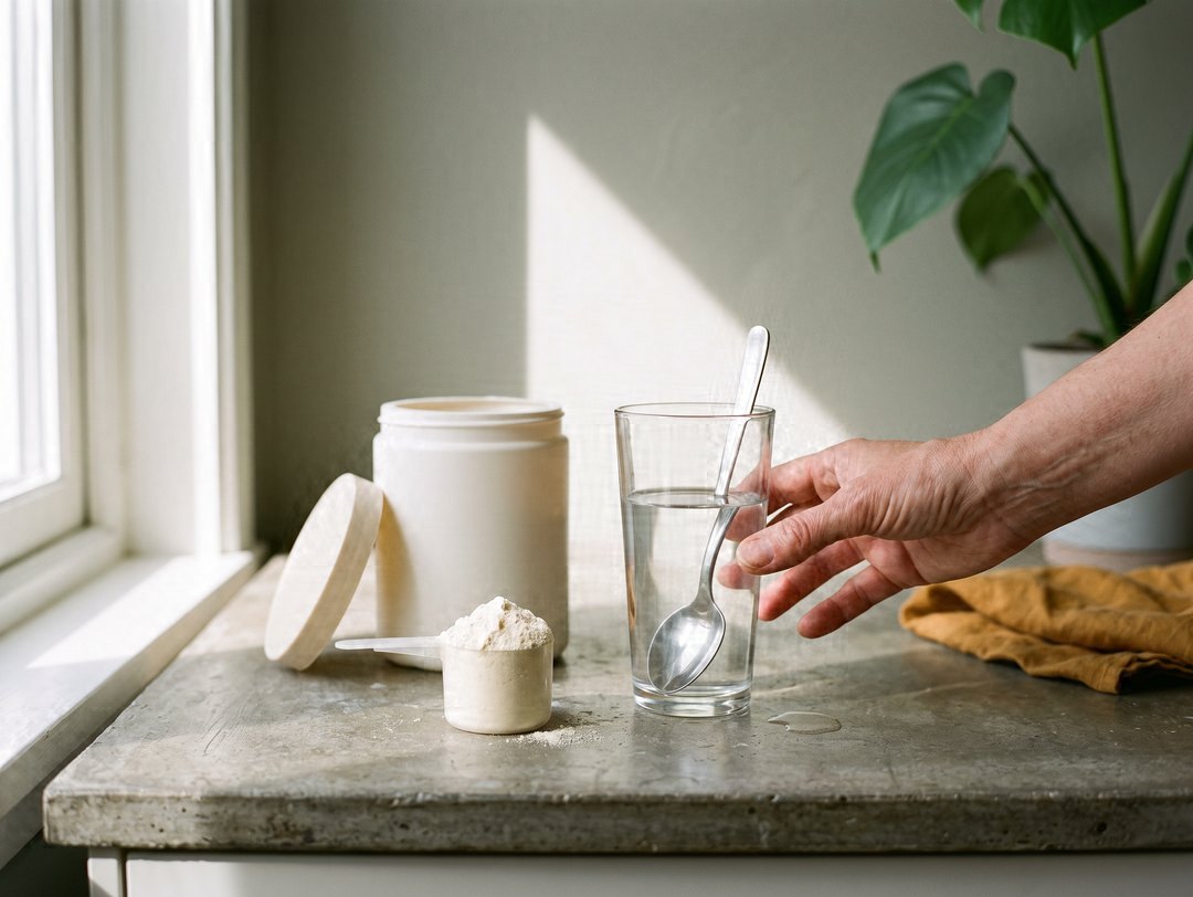 A level scoop of pale powder on a stone counter beside an open cream tub and a tall glass of water with a spoon in it, a hand reaching for the glass, sun across the wall.