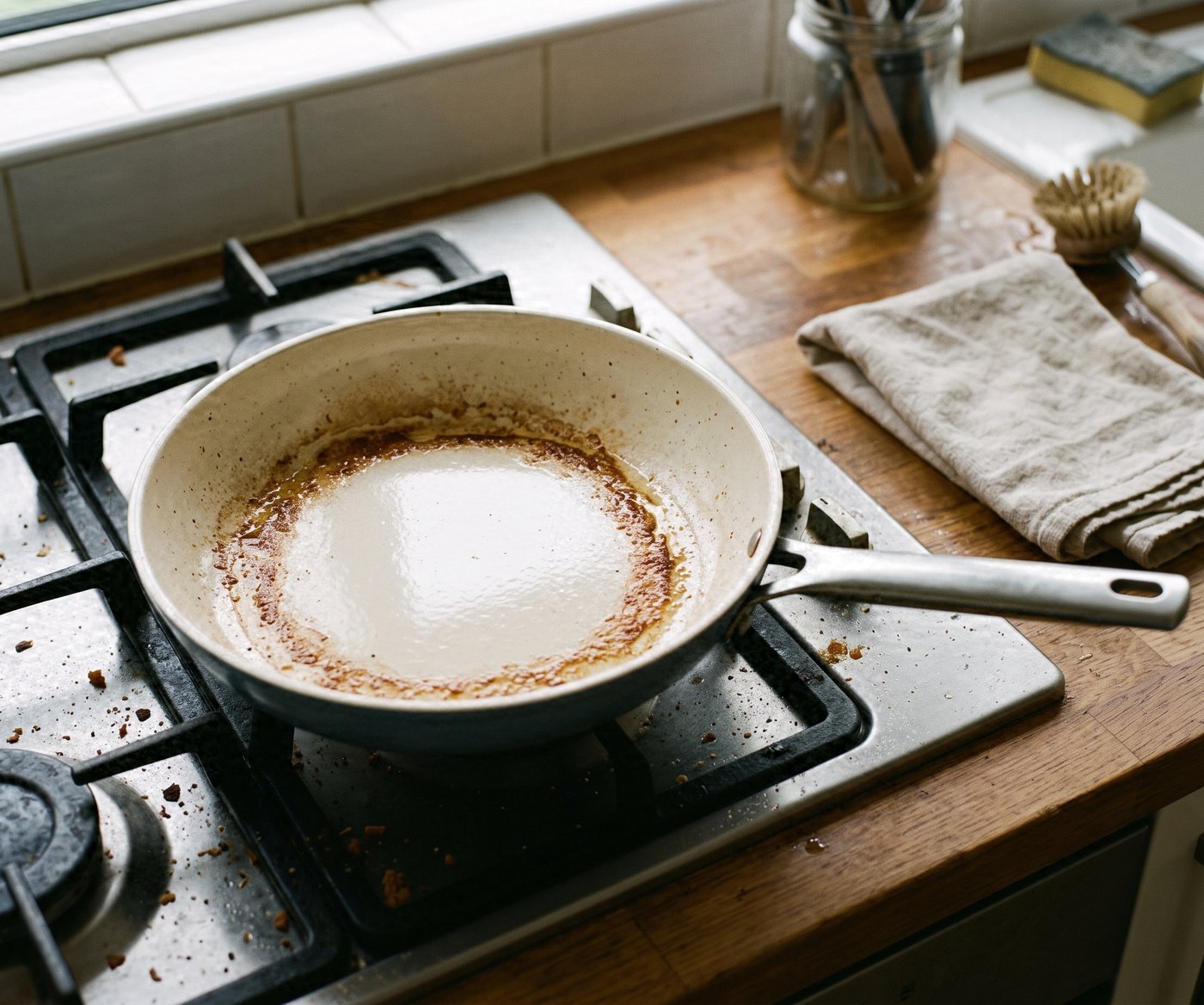 From above: an empty cream ceramic skillet on a gas hob after dinner, a brown ring of baked-on oil between the clean centre and the clean rim, a dish brush and cloth beside it.
