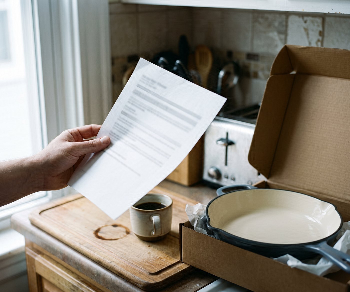 A hand holding up a printed sheet in a kitchen, behind it an open kraft box with a new skillet in paper, a mug of coffee on the counter.