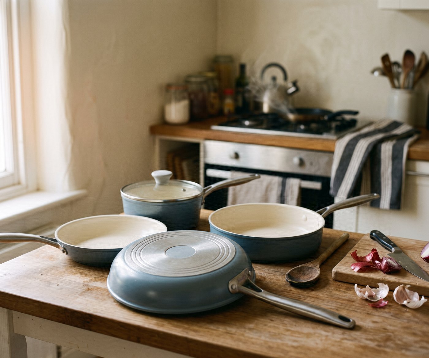 Five pieces of cream and grey-blue cookware on a wooden kitchen table after a cook, the skillet tipped forward so its plain base faces the camera, a kettle steaming on the hob behind.