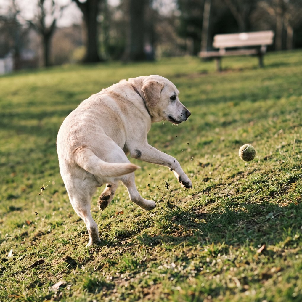 An old yellow labrador mid-turn after a tennis ball on a grassy park slope, body twisted and one back leg planted, grass flying, a bench behind.